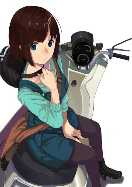 Anime picture 2894x4093 with original kagematsuri single tall image looking at viewer highres short hair blue eyes simple background brown hair white background sitting girl pantyhose bag helmet scooter