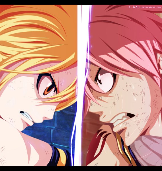 Anime picture 1000x1054 with fairy tail lucy heartfilia natsu dragneel i-azu tall image short hair blonde hair brown eyes pink hair profile orange eyes tattoo sweat sleeveless grin coloring letterboxed close-up multiview angry