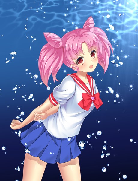 Anime picture 1150x1500 with bishoujo senshi sailor moon toei animation chibiusa kalentine (lostangelvn) single long hair tall image blush open mouth smile red eyes twintails pink hair pleated skirt sunlight hands behind back underwater girl skirt uniform