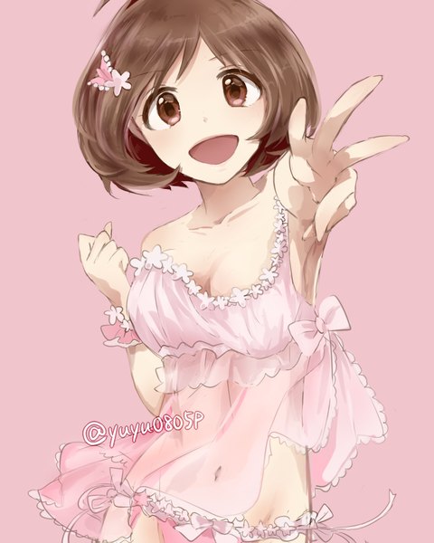 Anime picture 1280x1600 with idolmaster idolmaster dearly stars hidaka ai yoshiyoshi (yuyu0805p) single tall image looking at viewer short hair open mouth light erotic simple background brown hair bare shoulders brown eyes signed pink background girl navel hair ornament underwear