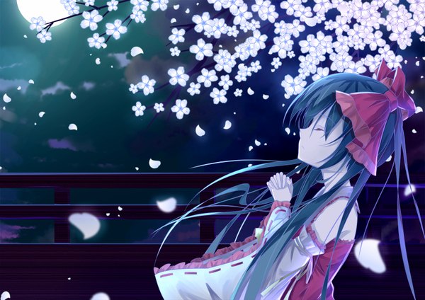 Anime picture 1654x1169 with vocaloid hatsune miku tianya beiming single long hair twintails blue hair sky cloud (clouds) eyes closed traditional clothes profile night miko girl bow hair bow detached sleeves petals moon