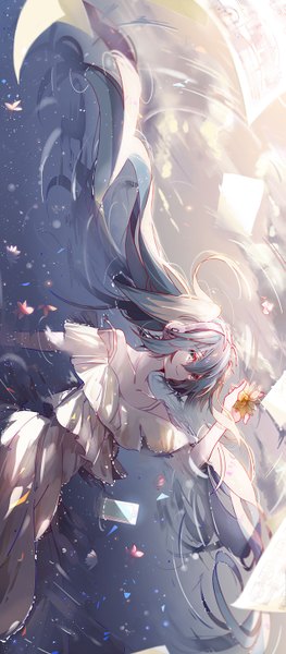 Anime picture 635x1448 with vocaloid hatsune miku refoca single long hair tall image looking at viewer fringe smile twintails bare shoulders blue hair sky cloud (clouds) lying reflection girl dress flower (flowers) white dress
