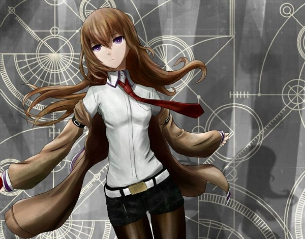 Anime picture 1016x796 with steins;gate white fox makise kurisu tanikku single long hair fringe brown hair standing purple eyes looking away long sleeves open clothes open jacket shadow spread arms girl shirt pantyhose necktie