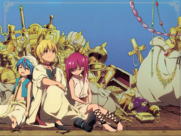 Anime picture 2250x1696 with magi the labyrinth of magic a-1 pictures morgiana aladdin (magi) ali baba saluja long hair fringe highres short hair open mouth blonde hair smile sitting yellow eyes blue hair pink hair eyes closed traditional clothes barefoot scan