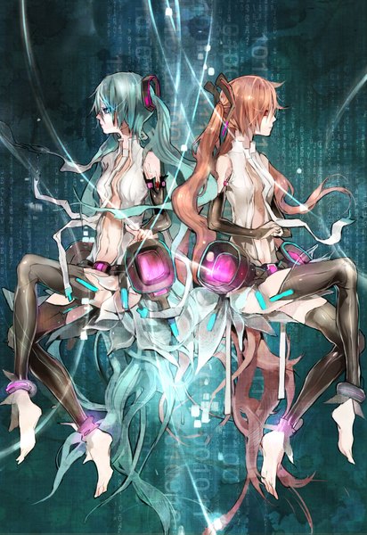 Anime picture 1100x1599 with vocaloid vocaloid append hatsune miku hatsune miku (append) susu (artist) tall image twintails bare shoulders very long hair barefoot aqua eyes orange hair aqua hair orange eyes dual persona girl detached sleeves necktie