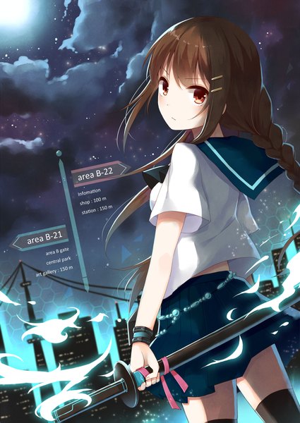 Anime picture 1400x1975 with original yon (letter) single long hair tall image looking at viewer blush brown hair standing brown eyes sky cloud (clouds) braid (braids) pleated skirt looking back twin braids city cityscape city lights girl