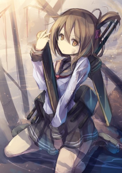 Anime picture 1200x1695 with kantai collection inazuma destroyer fal maro single tall image looking at viewer short hair brown hair sitting yellow eyes girl skirt socks black socks sailor suit