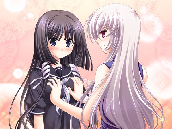 Anime picture 1600x1200 with tasogare no sinsemilla blue eyes black hair red eyes multiple girls game cg white hair girl 2 girls