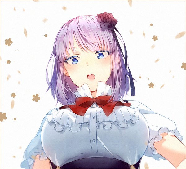 Anime picture 890x809 with dagashi kashi feel (studio) shidare hotaru hakusai (tiahszld) single blush fringe short hair breasts open mouth blue eyes light erotic large breasts white background purple hair hair flower :o from below hand on hip looking down
