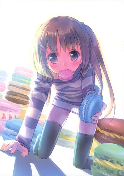 Anime picture 2858x4040 with original takoyaki (roast) single long hair tall image looking at viewer blush fringe highres simple background brown hair white background holding brown eyes zettai ryouiki kneeling mouth hold striped girl thighhighs