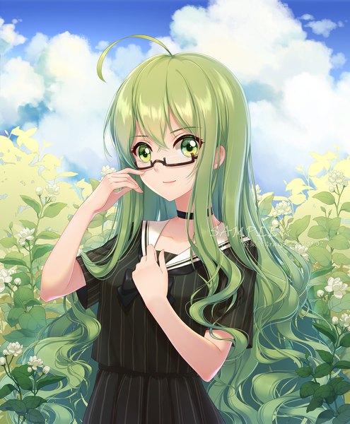 Anime picture 1458x1767 with original guliangdun single long hair tall image looking at viewer fringe hair between eyes green eyes sky cloud (clouds) upper body ahoge green hair girl dress flower (flowers) plant (plants) choker glasses