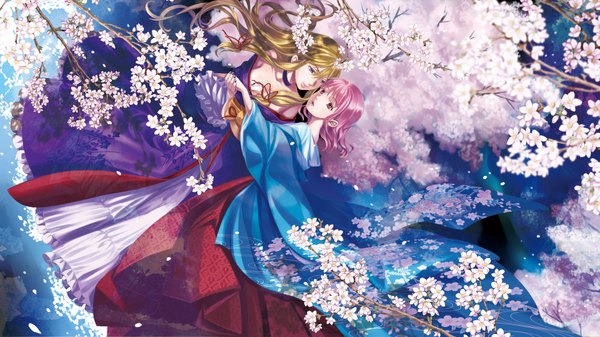 Anime picture 1920x1080 with touhou yakumo yukari saigyouji yuyuko kyuu umi long hair highres short hair blue eyes blonde hair wide image multiple girls pink hair pink eyes cherry blossoms girl dress 2 girls petals