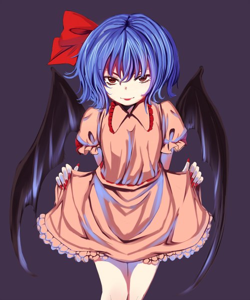 Anime picture 1500x1801 with touhou remilia scarlet pokachu single tall image short hair simple background red eyes blue hair nail polish bat wings girl dress wings