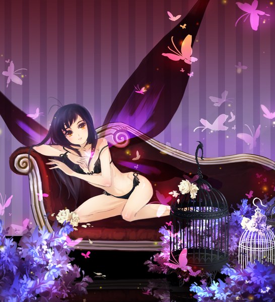 Anime picture 2000x2199 with accel world sunrise (studio) kuroyukihime huazha01 single tall image looking at viewer fringe highres breasts light erotic brown eyes purple hair light smile insect wings butterfly wings girl underwear panties flower (flowers)
