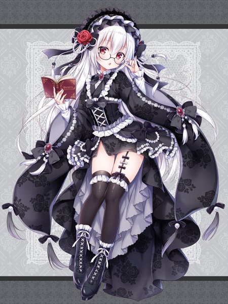 Anime picture 800x1066 with original mitsuba choco single long hair tall image looking at viewer fringe hair between eyes red eyes full body white hair :o lolita fashion goth-loli adjusting glasses girl thighhighs black thighhighs glasses boots