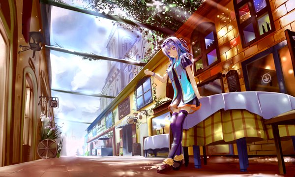 Anime picture 2100x1260 with original kyaro (kyaro54) single looking at viewer blush highres short hair wide image purple eyes blue hair girl thighhighs dress window sunglasses