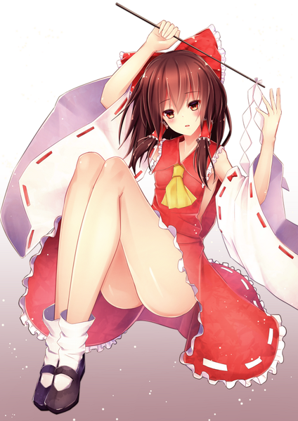 Anime picture 707x1000 with touhou hakurei reimu kakigouri single long hair tall image looking at viewer blush open mouth light erotic red eyes brown hair bare legs girl bow hair bow detached sleeves gohei