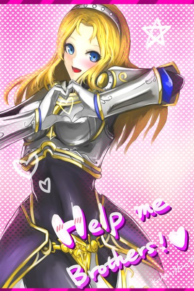 Anime picture 1200x1800 with league of legends lux (league of legends) single long hair tall image looking at viewer blush open mouth blue eyes blonde hair inscription heart hands girl navel hair ornament heart armor star (symbol)