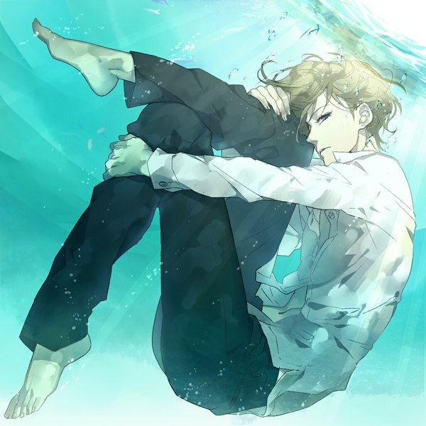 Anime picture 1024x1024 with original tayuya1130 single looking at viewer short hair blonde hair pink eyes barefoot no shoes underwater open collar boy shirt water pants bubble (bubbles) toes