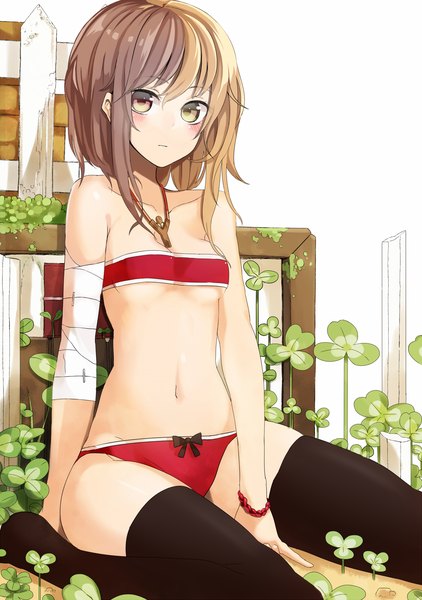 Anime picture 1000x1420 with original koko shiguma tall image blush short hair light erotic yellow eyes multicolored hair underwear only girl thighhighs underwear panties black thighhighs plant (plants) bandage (bandages)