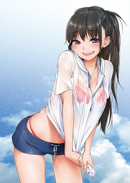 Anime picture 710x1000 with original toroshio single long hair tall image blush breasts open mouth light erotic black hair purple eyes ponytail :d teeth wet wet clothes wet shirt wet t-shirt wringing clothes girl