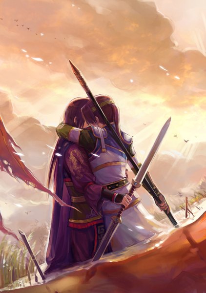 Anime picture 2079x2953 with shin sangoku musou zhao yun coralliu single long hair tall image highres purple hair ponytail traditional clothes from behind sunlight hug torn flag boy weapon water spear flag