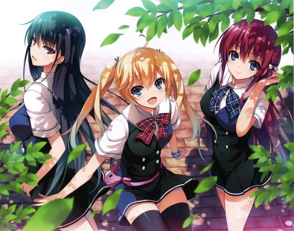 Anime picture 3500x2749 with grisaia no kajitsu suou amane matsushima michiru sakaki yumiko tomose shunsaku long hair looking at viewer blush highres open mouth blue eyes black hair blonde hair red eyes twintails multiple girls absurdres red hair scan wrist scrunchie