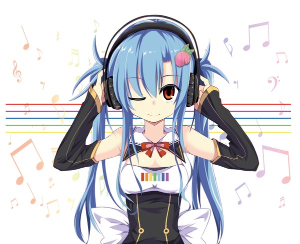 Anime picture 1471x1200 with touhou hinanawi tenshi matsuri uta single long hair looking at viewer smile red eyes twintails bare shoulders blue hair one eye closed wink alternate costume alternate hairstyle hands on head treble clef girl hair ornament detached sleeves