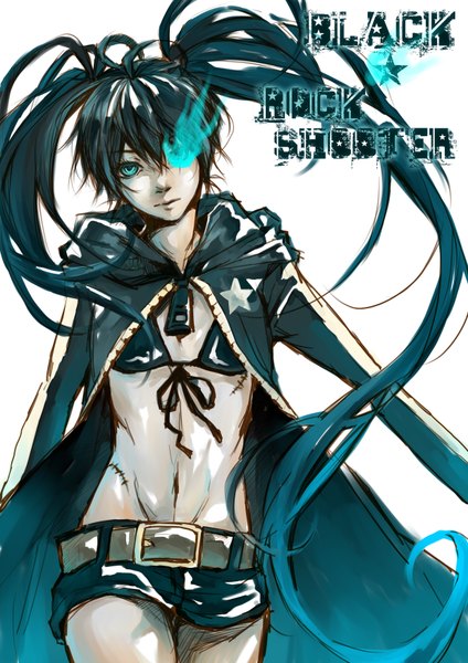 Anime picture 2480x3507 with black rock shooter black rock shooter (character) fakeeden single long hair tall image highres black hair simple background white background twintails ahoge aqua eyes inscription copyright name glowing scar glowing eye (eyes) girl navel
