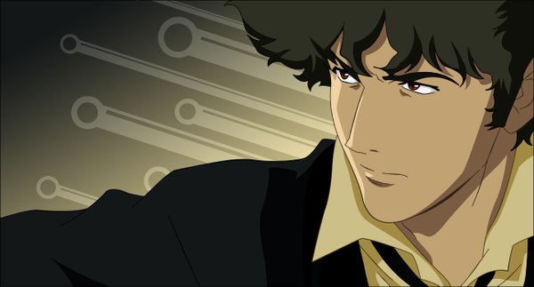 Anime picture 1300x701 with cowboy bebop sunrise (studio) spike spiegel morrow single short hair black hair red eyes wide image close-up vector boy