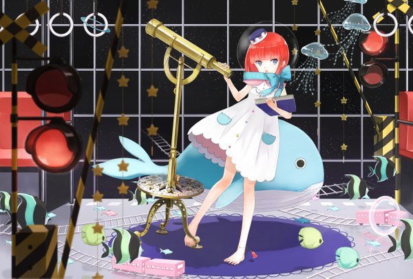 Anime picture 1200x811 with original pogane single looking at viewer short hair blue eyes red hair barefoot girl dress bow star (symbol) book (books) fish (fishes) telescope