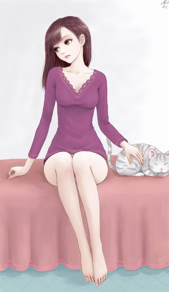 Anime picture 812x1397 with original erurodo (artist) single long hair tall image fringe brown hair sitting brown eyes looking away barefoot bare legs legs knees touching girl animal bed cat toes
