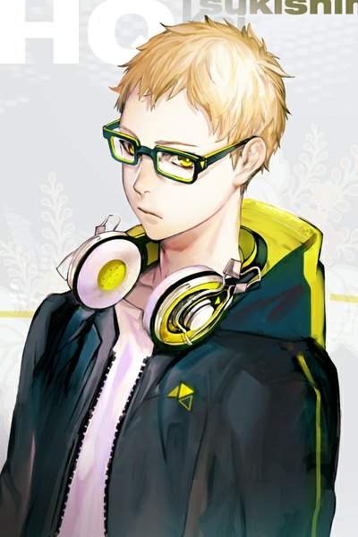 Anime picture 600x900 with haikyuu!! production i.g tsukishima kei zis (artist) single tall image looking at viewer short hair blonde hair yellow eyes from above grey background open clothes open jacket headphones around neck boy glasses jacket headphones