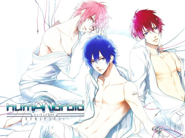 Anime picture 1899x1424 with humandroid type s type m type h kirishima sou looking at viewer highres short hair blue eyes simple background white background sitting bare shoulders blue hair looking away pink hair red hair pink eyes barefoot open clothes
