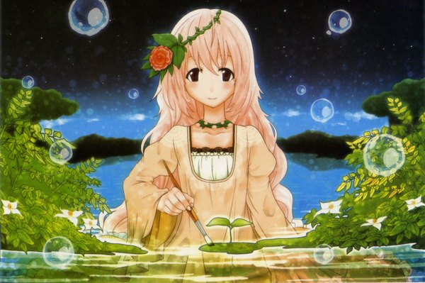 Anime picture 1997x1329 with pixiv girls collection 2010 long hair blush highres blonde hair smile brown eyes sky hair flower night sky landscape lake girl dress hair ornament flower (flowers) plant (plants) water bubble (bubbles) wreath