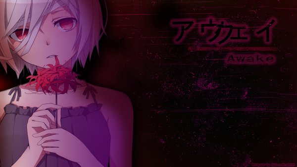 Anime picture 1920x1080 with original tagme (artist) looking at viewer highres short hair wide image silver hair pink eyes inscription teeth girl flower (flowers) bandage (bandages)