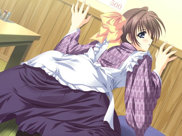 Anime picture 1024x768 with happy harem script (game) short hair blue eyes brown hair game cg girl apron