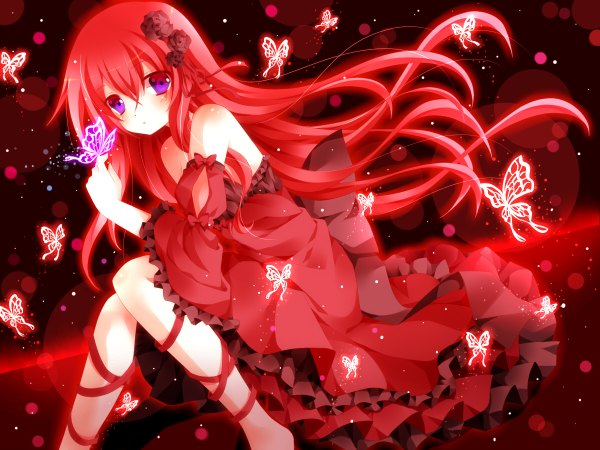 Anime picture 1200x900 with vocaloid megurine luka mog (artist) single looking at viewer blush fringe purple eyes bare shoulders red hair hair flower girl dress hair ornament bow ribbon (ribbons) detached sleeves insect butterfly red dress