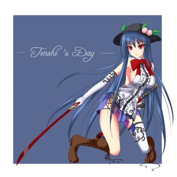 Anime picture 2000x2000 with touhou hinanawi tenshi gmot single long hair highres red eyes blue hair girl thighhighs gloves weapon hat white thighhighs sword elbow gloves boots bowtie katana hisou no tsurugi