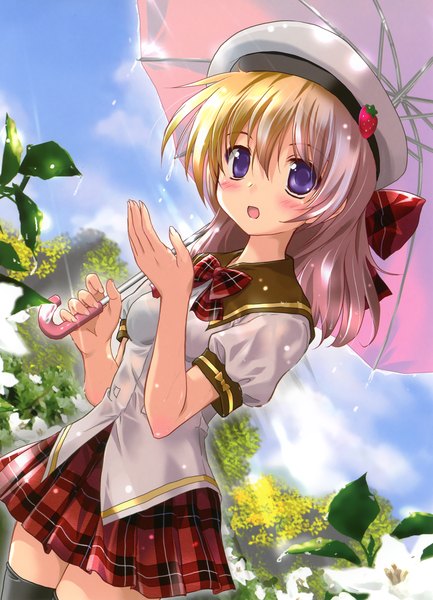 Anime picture 2050x2842 with original komatsu eiji long hair tall image blush highres open mouth purple eyes multicolored hair girl skirt uniform flower (flowers) school uniform hat miniskirt umbrella