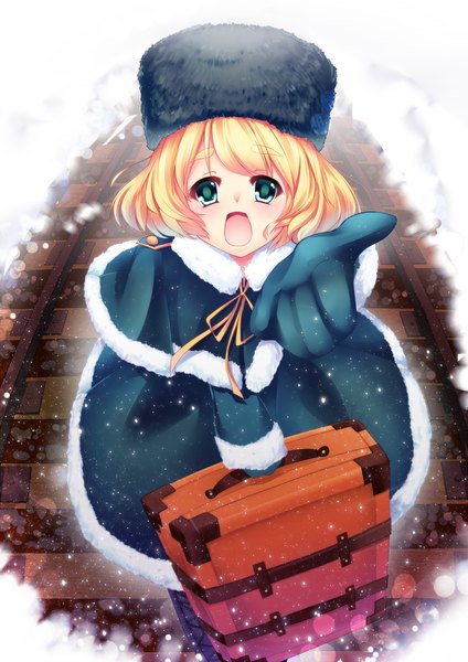 Anime picture 1000x1414 with original kuru2pantu single tall image looking at viewer blush short hair open mouth blue eyes blonde hair from above snowing winter girl gloves coat cap suitcase
