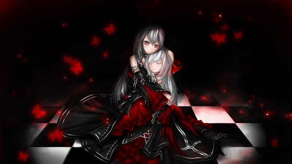 Anime picture 2732x1536 with original closedbox (artist) long hair highres red eyes wide image bare shoulders multiple girls silver hair eyes closed grey hair hug dark background checkered floor girl dress 2 girls detached sleeves insect butterfly