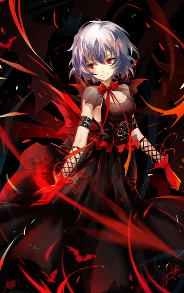 Anime picture 1824x2889 with touhou remilia scarlet nangua mache (artist) single tall image fringe highres short hair smile red eyes standing signed looking away pink hair purple hair multicolored hair gradient hair lacing bat wings girl