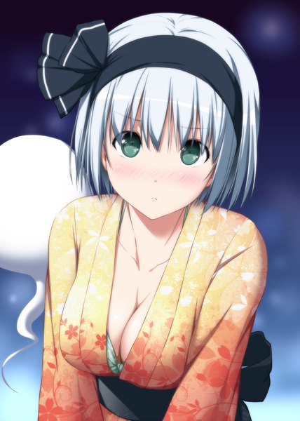 Anime picture 1488x2088 with touhou konpaku youmu myon nori tamago single tall image looking at viewer blush short hair breasts light erotic green eyes cleavage silver hair upper body traditional clothes japanese clothes ghost girl hairband