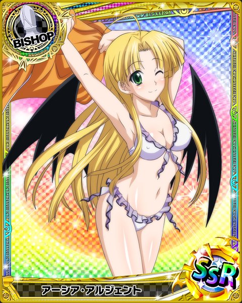 Anime picture 640x800 with highschool dxd asia argento single long hair tall image looking at viewer blush breasts light erotic blonde hair smile green eyes one eye closed wink groin card (medium) girl navel swimsuit bikini