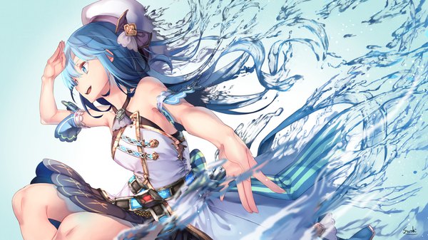 Anime picture 1920x1080 with original lee-chan (saraki) saraki single long hair highres open mouth blue eyes wide image bare shoulders blue hair looking away :d profile outstretched arm salute liquid hair liquid clothes girl detached sleeves