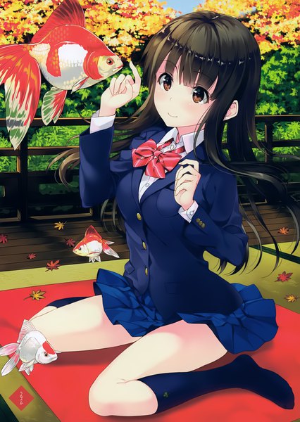 Anime picture 2843x4000 with original unasaka ryou single long hair tall image blush highres black hair smile sitting brown eyes looking away outdoors head tilt scan wariza girl skirt uniform school uniform