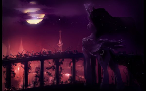 Anime picture 1680x1050 with my little pony princess luna noben (artist) wide image cloud (clouds) horn (horns) from behind night night sky personification animal wings moon star (stars) full moon castle fireflies horse unicorn