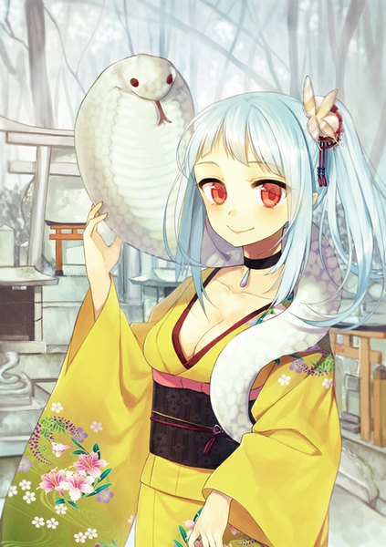 Anime picture 565x800 with original midorikawa you single long hair tall image blush fringe light erotic smile red eyes blue hair traditional clothes japanese clothes floral print side ponytail new year albino 2013 girl hair ornament