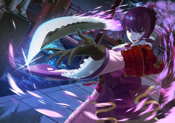 Anime picture 1052x744 with original u nagi single long hair looking at viewer open mouth purple eyes purple hair girl dress gloves weapon petals sword katana